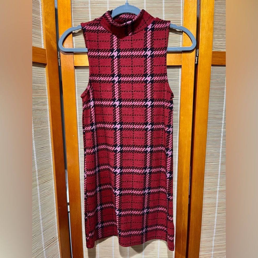 🔒 Topshop sleeveless red plaid mini dress, size 2